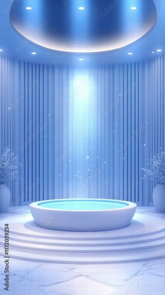Poster a serene, illuminated space featuring a circular platform, evoking tranquility and calmness.
