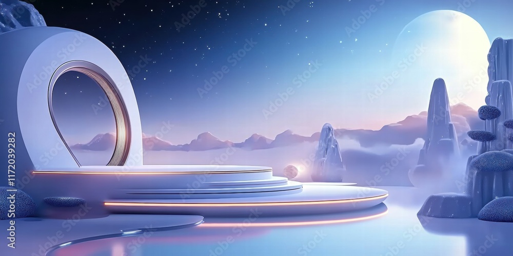 Aufkleber a serene futuristic landscape with a circular portal and mountains under a starry sky.