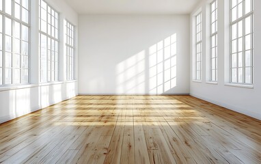 Obraz premium Sunlit empty room, hardwood floor, large windows, minimalist design, interior design.