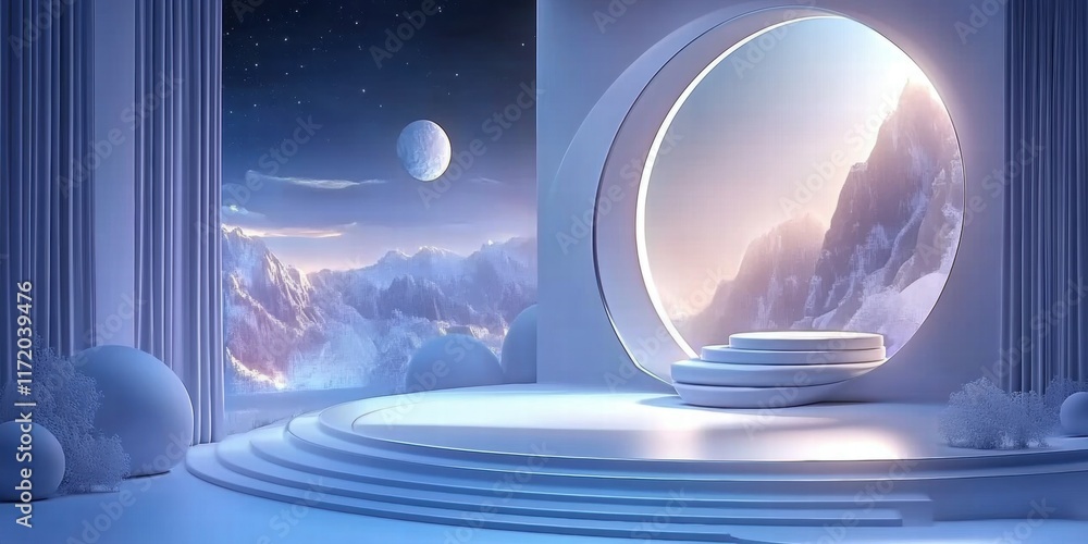 Aufkleber a serene, futuristic landscape with a circular portal overlooking mountains and a distant planet.