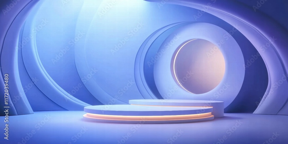 Poster a modern, minimalistic stage design with soft lighting and curved shapes.