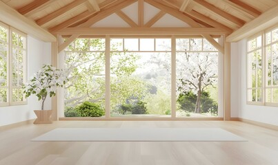 Fototapeta premium Peaceful Zen Room with Natural Light and Scenic Greenery View