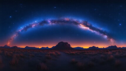 Milky Way arch over desert landscape at sunset.