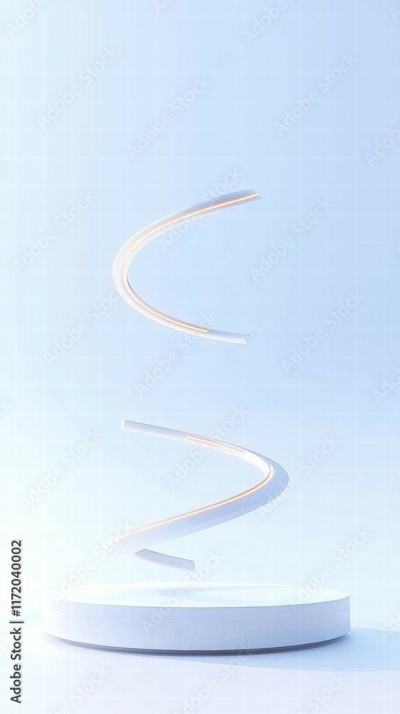 Poster A minimalistic design featuring two spiraling shapes above a circular base, set against a light background.
