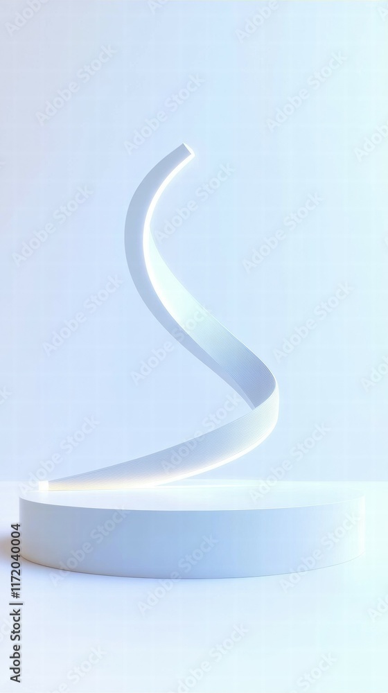 Poster a minimalist white sculpture featuring a curved element on a circular base.