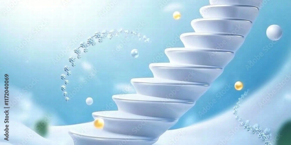 Poster A serene visual of a white spiral staircase against a soft blue background with floating orbs.