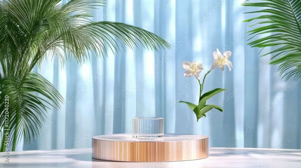 Aufkleber a serene display featuring a glass container and a flower against a soft backdrop.