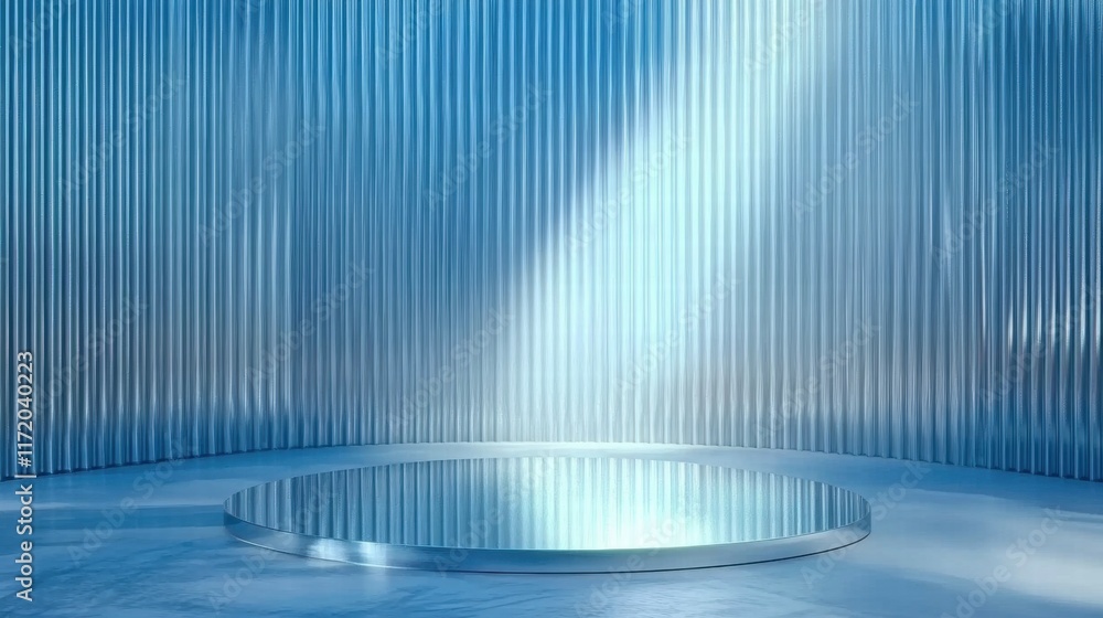 Poster a minimalist, blue-toned space with a circular platform and vertical lines.