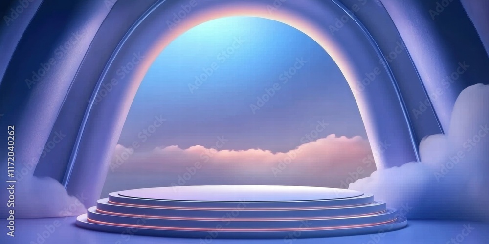Poster A serene stage with soft clouds and a gradient sky, ideal for presentations or performances.