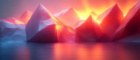 Abstract fiery sunrise over polygonal mountains reflected in calm water.