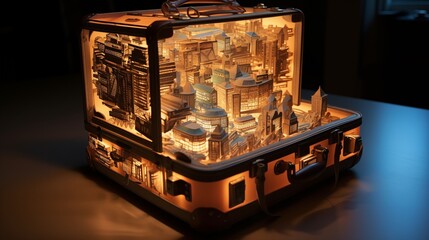 Fototapeta premium Paper cut representation of a travel suitcase, studio lighting setup, space on the right side,generative ai illustration