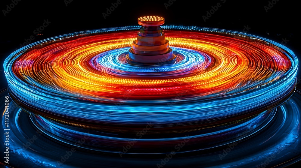 Poster abstract swirling light trails creating a vibrant, circular pattern with warm and cool colors.