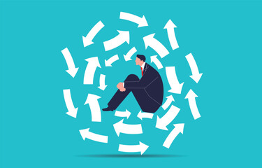 Businessman unable to make decisions, business or career decisions and choices, businessman surrounded by confusing arrow symbols