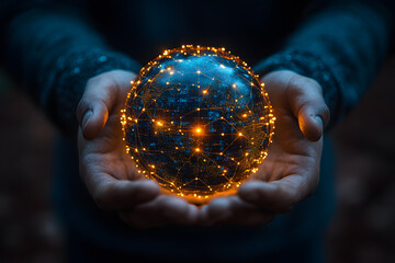 Hands Holding a Glowing Digital Globe of Connectivity
