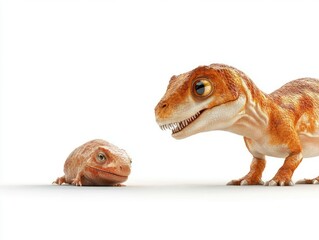 Two cartoon-style reptiles, one small and one large, interact on a white background.