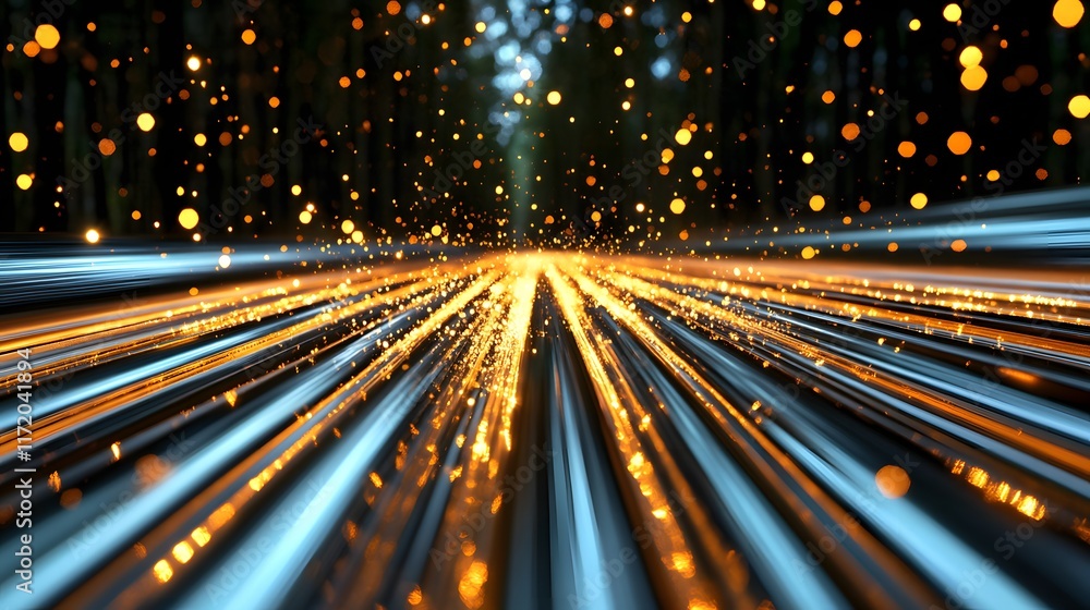 Aufkleber abstract motion blur with glowing particles in a dark forest creating an illusion of speed and light