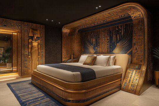 Luxurious Egyptian Themed Bedroom With Golden Bed