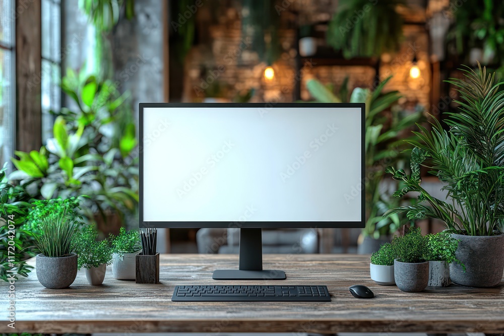Aufkleber modern minimalist workspace with green plants and desktop computer in urban setting