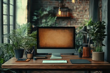 Fototapeta premium Cozy Industrial Workspace with Greenery and Computer in Loft Setting