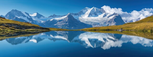 Naklejka premium A serene view of a crystal-clear mountain lake with snow-capped peaks reflecting perfectly on the water's surface, Mountain lake scene, Pristine style