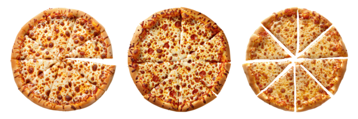 Set of isolated three whole double cheese pizza on transparent background in top view.