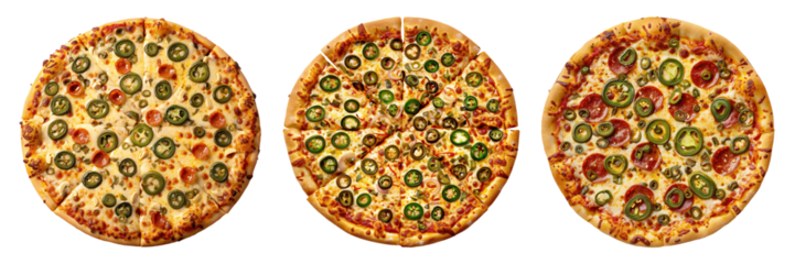 Set of isolated three whole jalapeno pizza on transparent background in top view.
