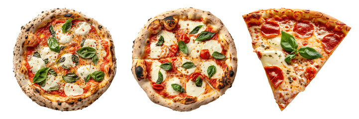 Set of isolated whole margherita pizza and a slice on transparent background in top view.