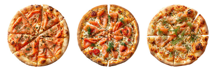 Set of isolated three whole smoked salmon pizza on transparent background in top view.