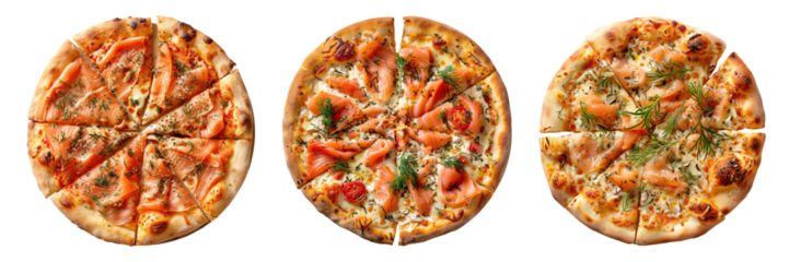 Set of isolated three whole smoked salmon pizza on transparent background in top view.
