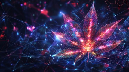 Glowing cannabis leaf in digital network.