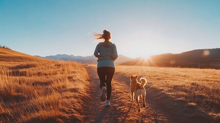Woman Jogging With Dog At Sunset In Mountains