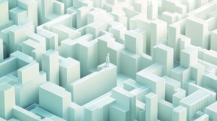 A minimalist cityscape with a lone figure standing amidst abstract structures.