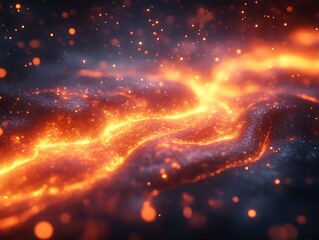 Fototapeta premium Glowing hot lava flows on dark surface.