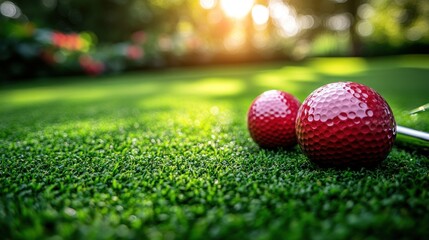 Naklejka premium Two red golf balls on a putting green. Sunny, outdoor scene.