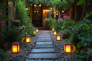 Fototapeta premium Illuminated Garden Path Leading to a Brick Building