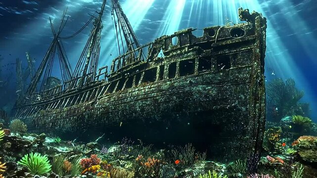 Sunbeams illuminate an ancient, rusted shipwreck resting on the ocean floor, surrounded by vibrant coral and marine life.