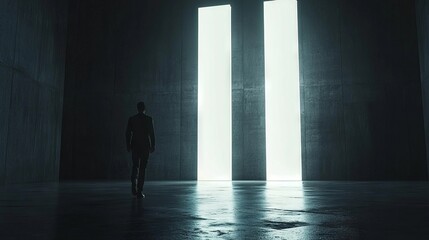 Man Walking Towards Bright Light in Dark Room