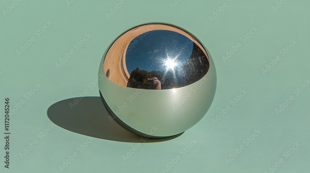 Poster reflective silver sphere on soft green background capturing light and shadow dynamics in minimalist 