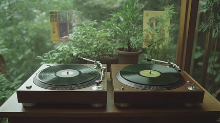 Two turntables playing vinyl records near plants.