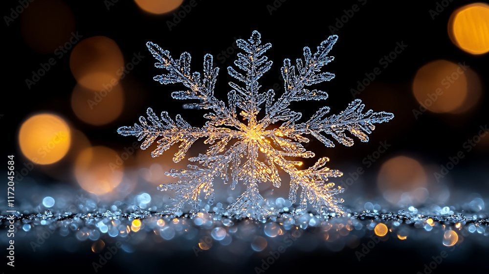 Poster close-up of a detailed, glittering snowflake on a sparkling surface with bokeh lights.