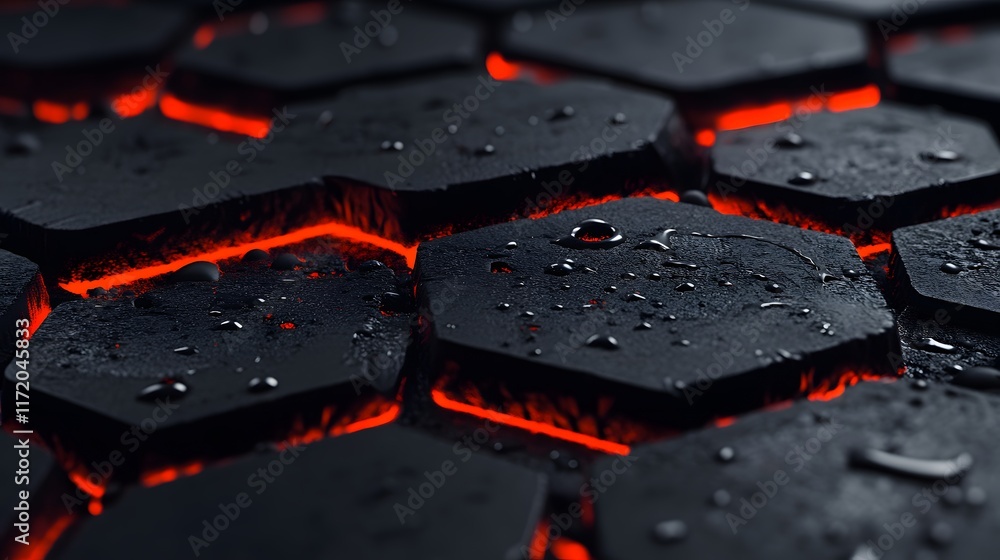 Poster textured surface of black hexagonal tiles with glowing red and orange light and water droplets, crea