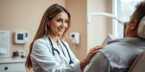 Obraz premium A compassionate female doctor engages with her patient in an inviting medical office, showcasing dedication and professionalism on International Women Physicians Day