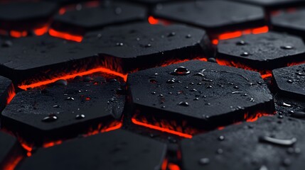 Textured surface of black hexagonal tiles with glowing red and orange light and water droplets, creating a dramatic and dramatic atmosphere for unique visual storytelling