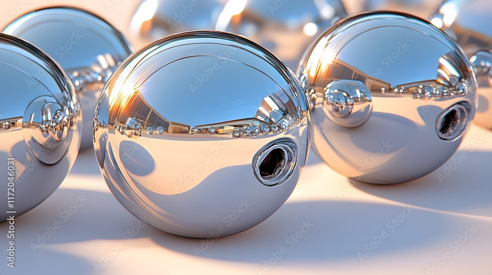 Poster reflective chrome spheres arranged on a smooth surface, capturing light and surroundings, creating a