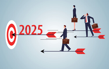 New goals and missions, new business strategies to achieve new goals, businessmen standing on the arrow of flight following 2025 forward