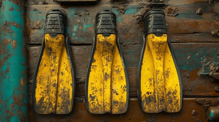 Three muddy yellow diving fins on a dirty wooden surface.