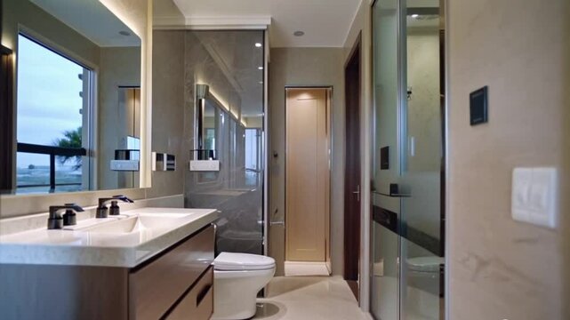 Sleek bathroom interior with full view, modern design, clean lines, and elegant finishes. Zooming in highlights the spacious layout and serene ambiance.