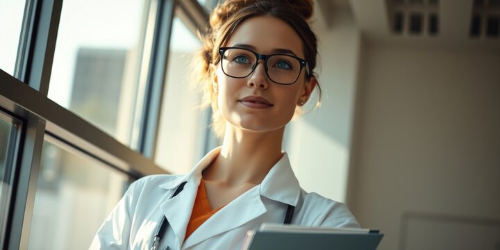 A confident female doctor stands by a large window, holding a clipboard and gazing thoughtfully. She embodies the resilience and commitment of women in medicine today
