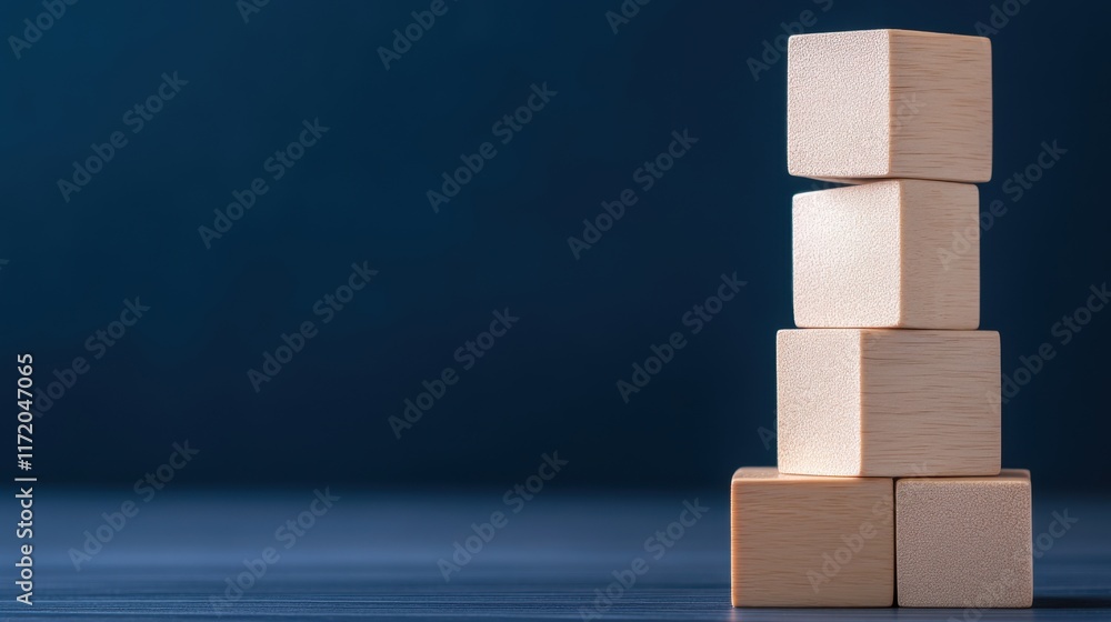 Aufkleber wooden blocks stacked on a smooth surface with a dark blue background showcasing simplicity and geom