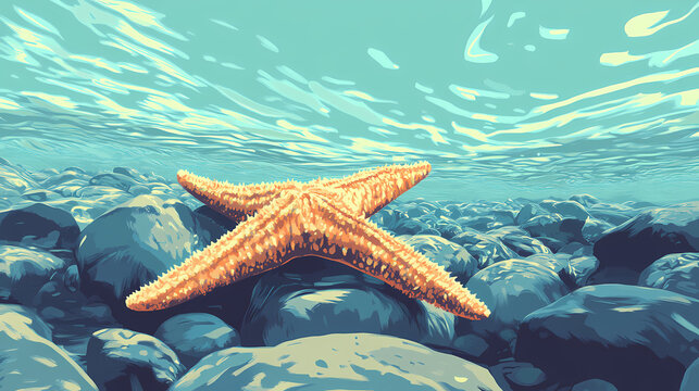 Orange starfish on rocky seabed in shallow water. Tidepool. Illustration